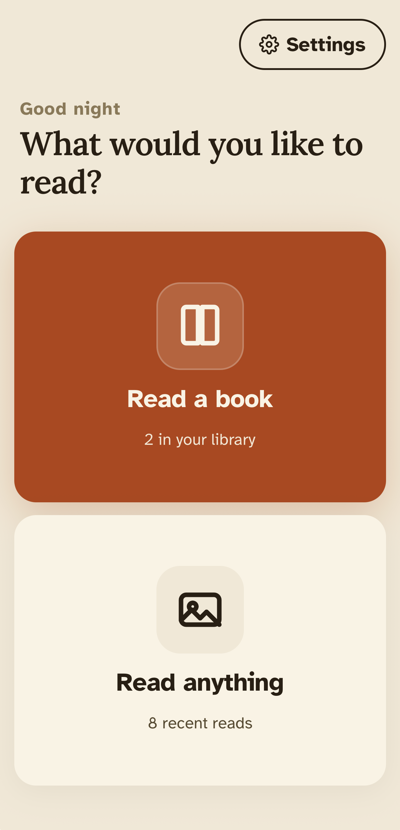 App home screen showing 'Read a book' and 'Read anything' choices