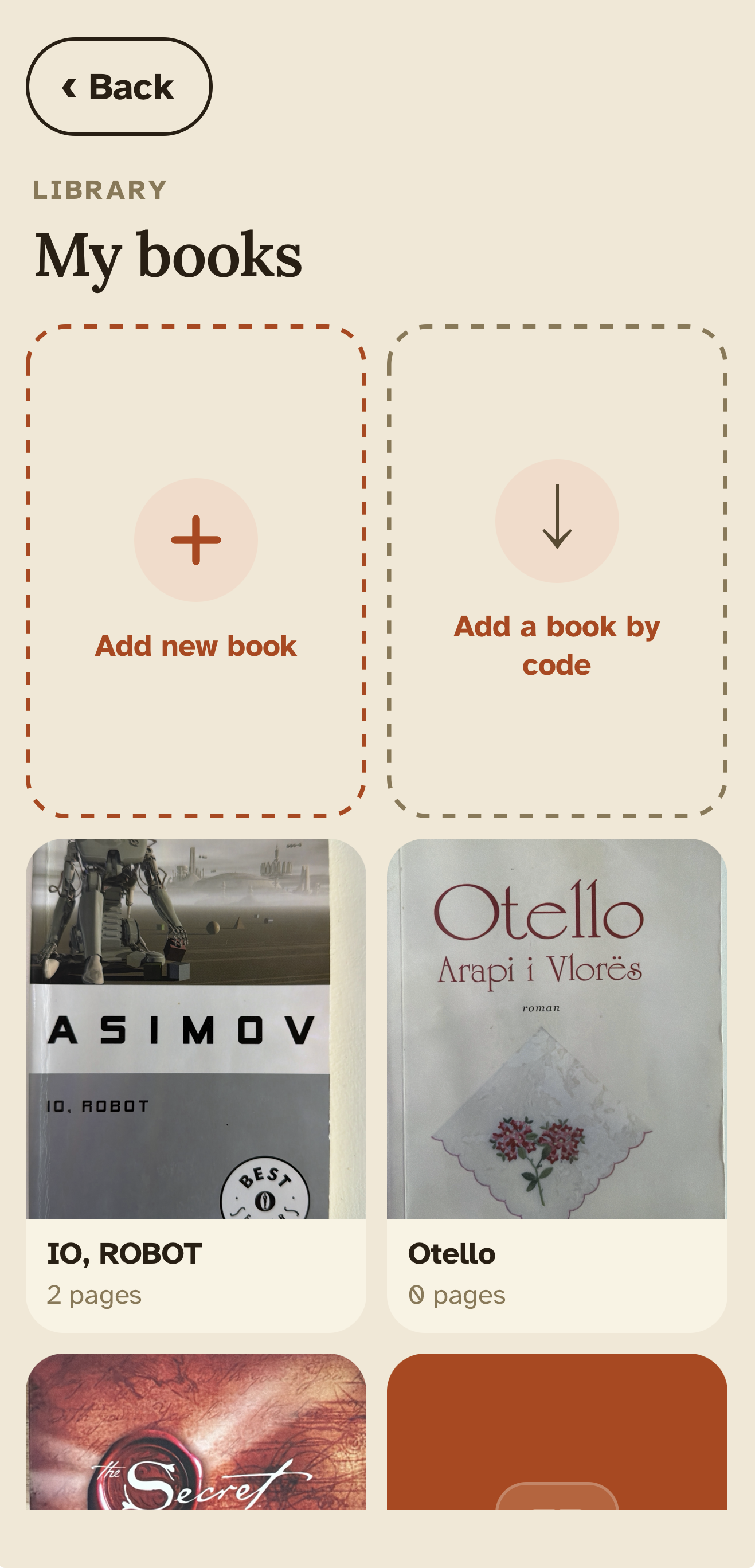 My books library screen with cover thumbnails, plus 'Add new book' and 'Add a book by code' affordances